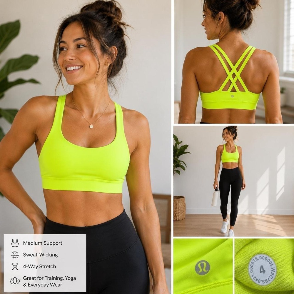 Lululemon Energy Bra Electric Lemon Neon Yellow Strappy Back Size 4 Crisscross
